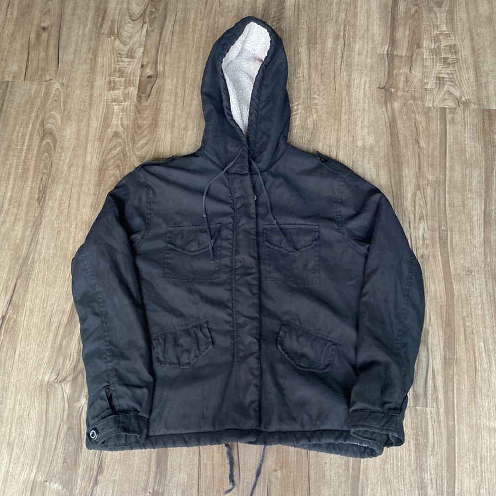 Brandy Melville Fleece Jacket Zip Up Pockets Black Drawstrings Preowned
